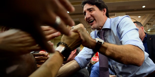 Liberal leader Justin Trudeau holds a rally in Vaughan, Ontario, on Friday, Oct. 18, 2019. (Sean Kilpatrick/The Canadian Press via AP)