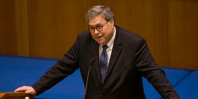 United States Attorney General William P. Barr speaks to Notre Dame Law School students and faculty on Friday, Oct. 11, 2019, inside Notre Dame's Eck Hall of Law in South Bend, Ind. (Robert Franklin/South Bend Tribune via AP)