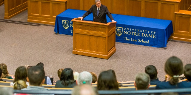 United States Attorney General William P. Barr speaks to Notre Dame Law School students and faculty on Friday, Oct. 11, 2019, inside Notre Dame's Eck Hall of Law in South Bend, Ind. (Robert Franklin/South Bend Tribune via AP)