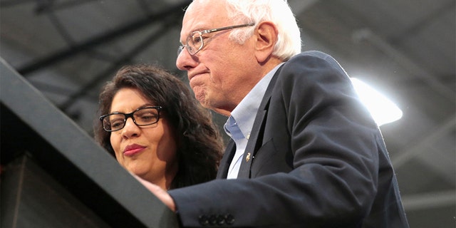 Democratic 2020 U.S. presidential candidate Senator Bernie Sanders and Rep. Rashida Tlaib address the audience during a Sanders campaign rally in Detroit, Michigan. (REUTERS/Rebecca Cook)