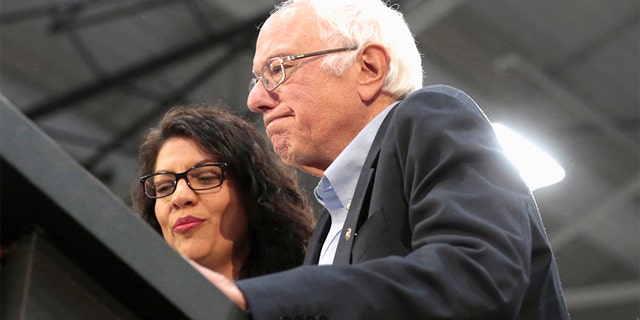 Democratic 2020 U.S. presidential candidate Senator Bernie Sanders and Rep. Rashida Tlaib address the audience during a Sanders campaign rally in Detroit, Michigan. (REUTERS/Rebecca Cook)