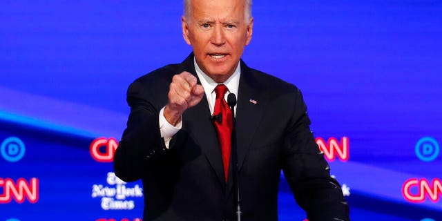 Democratic presidential candidate former Vice President Joe Biden speaks during a Democratic presidential primary debate hosted by CNN/New York Times at Otterbein University, Tuesday, Oct. 15, 2019, in Westerville, Ohio. (AP Photo/John Minchillo)