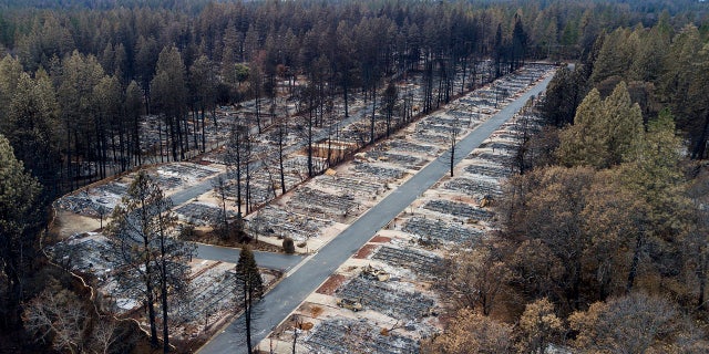 In this Dec. 3, 2018, file photo, homes leveled by the Camp Fire line the Ridgewood Mobile Home Park retirement community in Paradise, Calif.