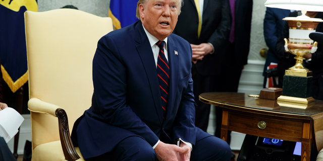 President Donald Trump speaks during a meeting with Italian President Sergio Mattarella in the Oval Office of the White House, Wednesday, Oct. 16, 2019, in Washington. (AP Photo/Evan Vucci)