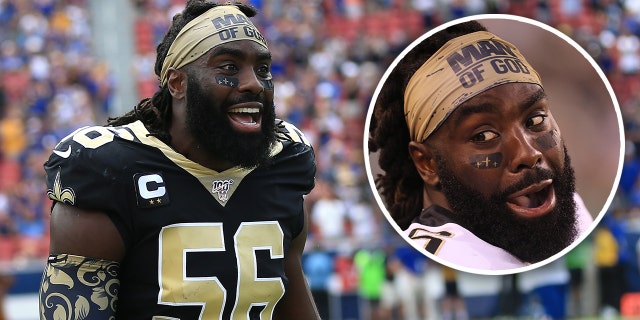 Outside linebacker Demario Davis #56 of the New Orleans Saints reacts ahead of the game against the Los Angeles Rams at Los Angeles Memorial Coliseum on Sept. 15, 2019 in Los Angeles. (Meg Oliphant/Getty Images)