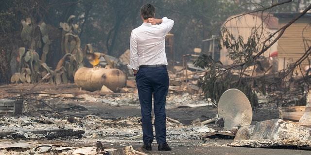 GEYSERVILLE, CA - OCT. 25: Gov. Gavin Newsom surveys a home destroyed in the Kincade Fire, Friday, Oct. 25, 2019, in Geyserville, Calif. (Karl Mondon/MediaNews Group/The Mercury News via Getty Images)