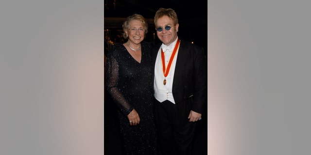 Sir Elton John and his mother Sheila Farebrother during The Fifth Annual White Tie & Tiara Ball to Benefit the Elton John Aids Foundation in Association with Chopard — Dinner at Elton John Residence in Windsor, England, United Kingdom.