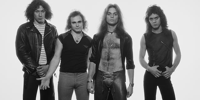 Van Halen (from left: drummer Alex Van Halen, bassist Michael Anthony, singer David Lee Roth and guitarist Eddie Van Halen), US hard rock band, pose for a group studio portrait, in 1978.