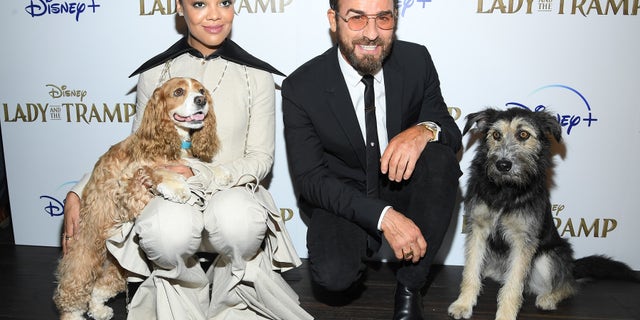 Tessa Thompson, Rose, Justin Theroux and Monte at a screening of Disney 's