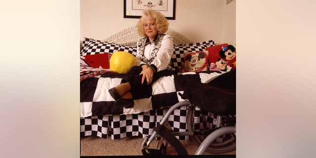Portrait session with former Mousketeer Karen Pendleton at home in 1997. She counseled battered women and was paralyzed from the waist down.
