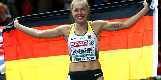 Gina Lueckenkemper of Germany celebrates winning the Silver medal in the 100 meters at the 2018 European Athletics Championships in Berlin. (Photo by Michael Steele/Getty Images)
