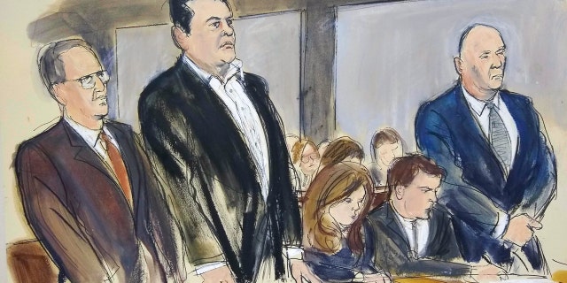 Andrey Kukushkin, second from left, and David Correia, far right, appear at a court hearing for conspiracy charges Thursday in New York. (Elizabeth Williams via AP)