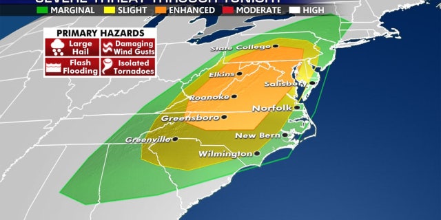 There is an enhanced threat of severe weather across the Mid-Atlantic on Halloween, according to forecasters.