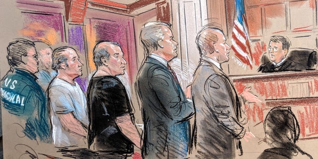 A courtroom sketch of Lev Parnas and Igor Fruman, associates of Rudy Giuliani, during their bond hearing. (William Hennessy Jr / CourtroomArt.com)
