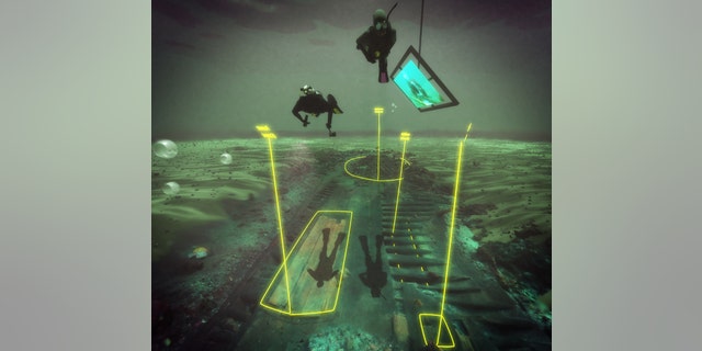 A scene from the virtual dive, with divers swimming over the wreck as it appears today, with areas of the wreck labeled in yellow.