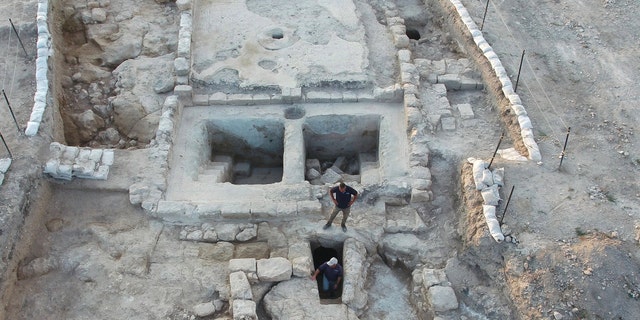 Aerial view of the winepresses and the adjacent ritual bath at the Usha site.