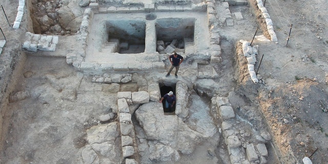 Aerial view of the winepresses and the adjacent ritual bath at the Usha site.