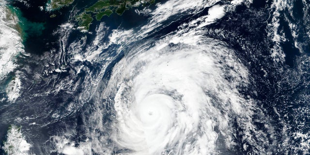 This Oct. 9, 2019, satellite photo taken by NASA-NOAA's Suomi NPP satellite shows typhoon Hagibis approaching Japan.