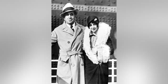 American actor and singer Al Jolson with his wife Ruby after their arrival at Cherbourg Harbour, France, on Aug. 29, 1928. (AP Photo)