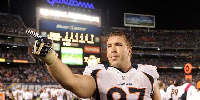 Justin Bannan #97 of the Denver Broncos reacts during a 35-24 comeback win over the San Diego Chargers at Qualcomm Stadium on October 15, 2012 in San Diego, California. 