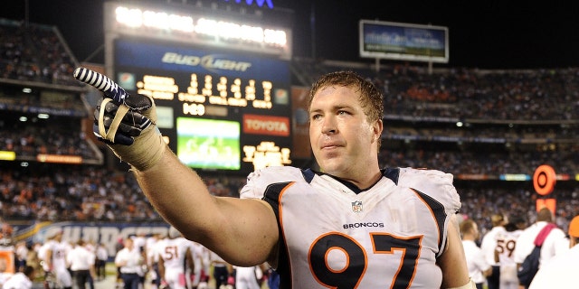 Justin Bannan #97 of the Denver Broncos reacts during a 35-24 comeback win over the San Diego Chargers at Qualcomm Stadium on October 15, 2012 in San Diego, California.