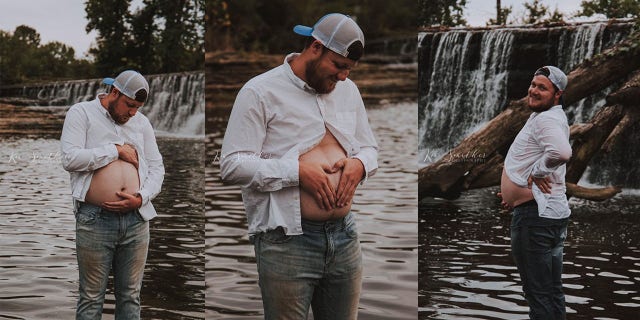 In hopes of cheering up his spouse, who was upset to miss the session, the prankster posed in and around a local waterfall, pretending to have a bun in the oven himself.