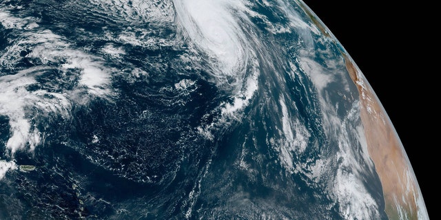 Hurricane Lorenzo can be seen swirling in the eastern Atlantic in 2019.