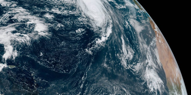 Hurricane Lorenzo can be seen swirling in the eastern Atlantic in 2019.