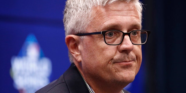 Houston Astros general manager Jeff Luhnow speaks at a news conference Thursday, Oct. 24, 2019, in Washington. The Astros and the Washington Nationals are scheduled to play Game 3 of baseball's World Series on Friday. (AP Photo/Patrick Semansky)