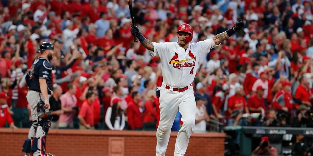 St. Louis Cardinals' Yadier Molina celebrates after hitting a sacrifice fly to score Kolten Wong and defeat the Atlanta Braves in Game 4 of a baseball National League Division Series, Monday, Oct. 7, 2019, in St. Louis. The Cardinals won 5-4. (AP Photo/Jeff Roberson)