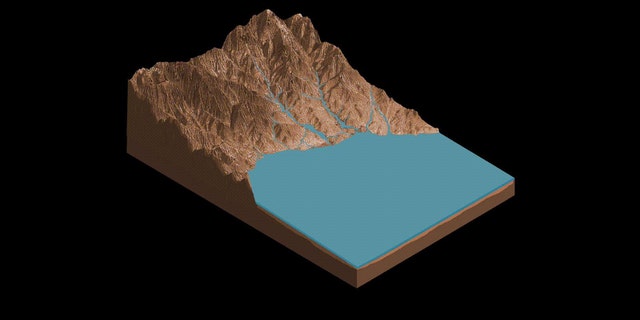 This animation demonstrates the salty ponds and streams that scientists think may have been left behind as Gale Crater dried out over time. The bottom of the image is the floor of Gale Crater, with the peak being the side of Mount Sharp. (Credit: ASU Knowledge Enterprise Development (KED), Michael Northrop)
