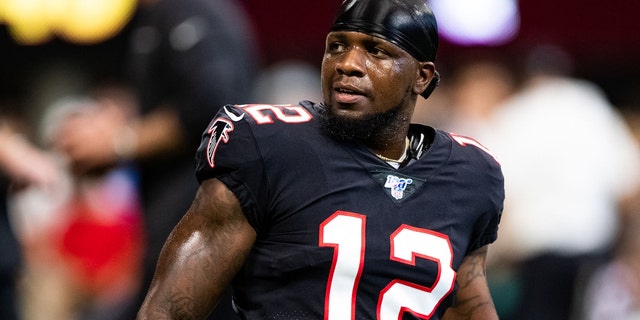 Mohamed Sanu #12 of the Atlanta Falcons looks on prior to the start of the game against the Tennessee Titans at Mercedes-Benz Stadium on September 29, 2019 in Atlanta, Georgia.