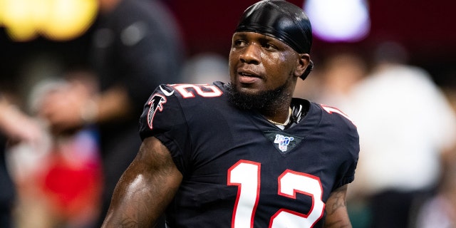 Mohamed Sanu #12 of the Atlanta Falcons looks on prior to the start of the game against the Tennessee Titans at Mercedes-Benz Stadium on September 29, 2019 in Atlanta, Georgia.