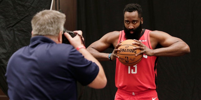 Houston Rockets' James Harden is photographed during NBA basketball media day Friday, Sept. 27, 2019, in Houston. (AP Photo/Michael Wyke)