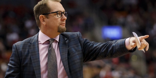 Toronto Raptors head coach Nick Nurse points during the first half of a preseason NBA basketball game against the Chicago Bulls in Toronto, Sunday, Oct. 13, 2019. (Cole Burston/The Canadian Press via AP)