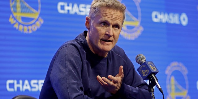 Golden State Warriors coach Steve Kerr gestures while speaking to reporters before the team's NBA basketball game against the Minnesota Timberwolves on Thursday, Oct. 10, 2019, in San Francisco. (AP Photo/Ben Margot)