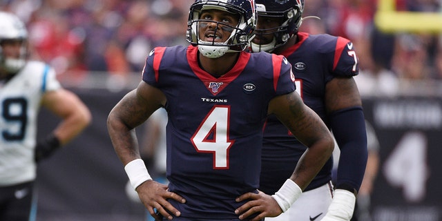 Houston Texans quarterback Deshaun Watson (4) reacts to a game during the first half of an NFL football game against the Carolina Panthers on Sunday, September 29, 2019 in Houston.  (AP Photo / Eric Christian Smith)