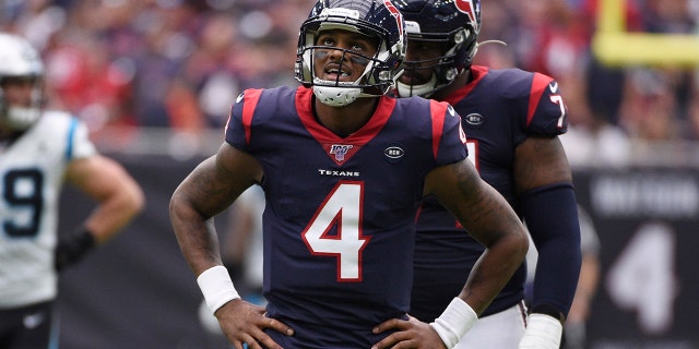 Houston Texans quarterback Deshaun Watson (4) reacts to a game during the first half of an NFL football game against the Carolina Panthers on Sunday, September 29, 2019 in Houston.  (AP Photo / Eric Christian Smith)