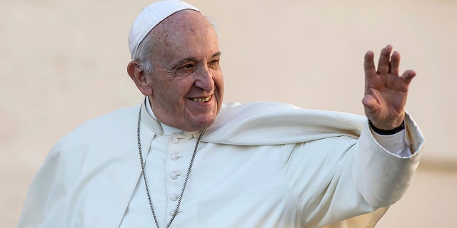 Pope Francis waves during his weekly general audience in St. Peter's Square at the Vatican, Wednesday, Oct. 9, 2019. (Fabio Frustcai/ANSA via AP)