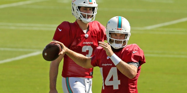 Miami Dolphins quarterbacks Ryan Fitzpatrick (14) and Josh Rosen (3) running drills during practice at the Baptist Health Training Facility at Nova Southeastern University on Wednesday, Oct. 16, 2019, in Davie, Fla., in preparation for their game against the Buffalo Bills on Sunday. (David Santiago/Miami Herald via AP)