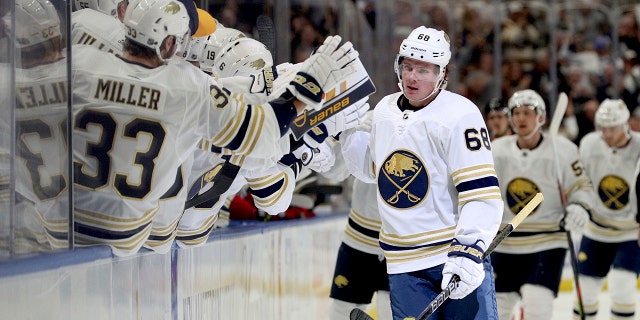 Buffalo Sabres left wing Victor Olofsson (68) celebrates after scoring a goal during the first period of an NHL hockey game against the New Jersey Devils, Saturday, Oct. 5, 2019, in Buffalo, N.Y. (AP Photo/Bryan Bennett)