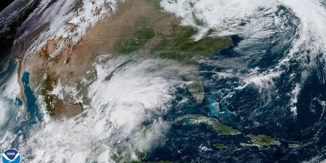 Potential Tropical Cyclone 16, which could become Tropical Storm Nestor, is seen in the southwest Gulf of Mexico on Thursday.