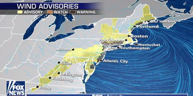 Wind advisories and warnings stretch from the Mid-Atlantic to the Northeast.