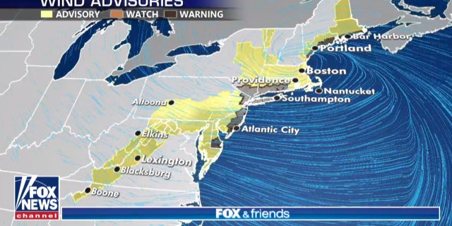 Wind advisories and warnings stretch from the Mid-Atlantic to the Northeast.