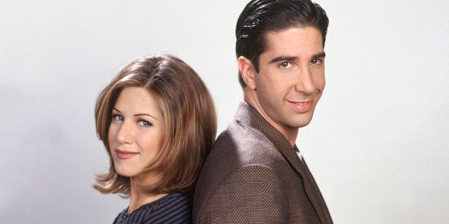 Jennifer Aniston as Rachel Green (L) and David Schwimmer as Ross Geller (R) from "Friends."