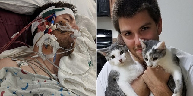 Perry, pictured left during his hospital stay, has since returned to work and is continuing with out-patient physical therapy.