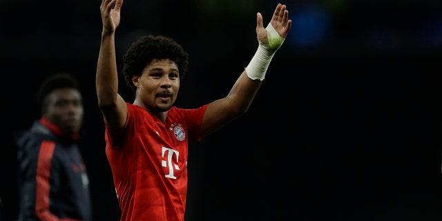 Bayern's Serge Gnabry, scorer of four goals, celebrates after the Champions League group B soccer match between Tottenham and Bayern Munich at the Tottenham Hotspur stadium in London, Tuesday, Oct. 1, 2019. Bayern won 7-2. (AP Photo/Matt Dunham)