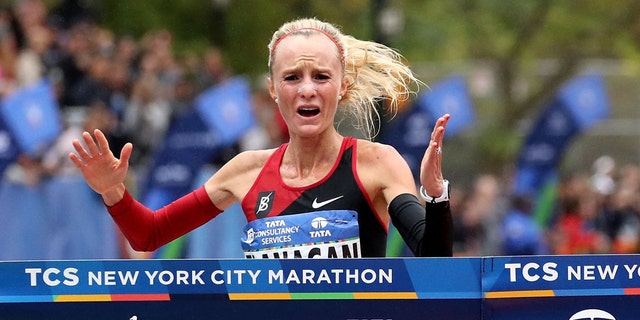 Nov. 5, 2017: Shalane Flanagan celebrates winning a Professional Women's Division during a 2017 TCS New York City Marathon.