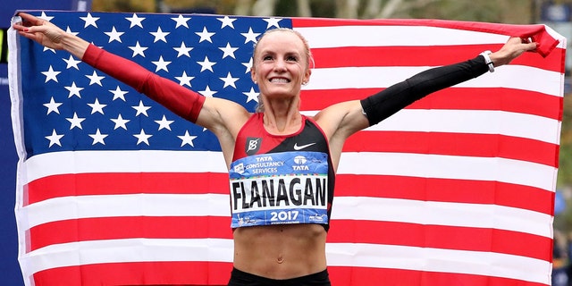 Shalane Flanagan celebrates apropos a initial American lady to win a New York City Marathon given 1977 in Nov 2017.