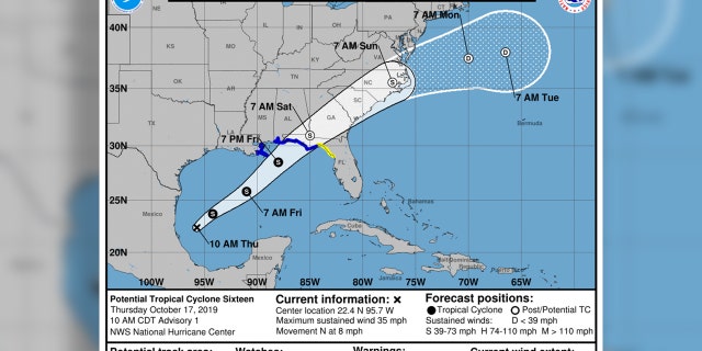 The forecast track of Tropical Cyclone 16, which could become Tropical Storm Nestor.,